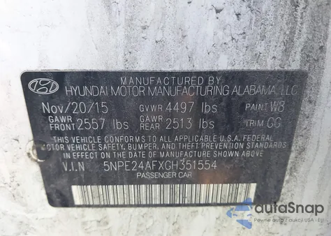 2016 Hyundai Sonata Se z USA, uszkodzony, nr VIN 5NPE24AFXGH351554